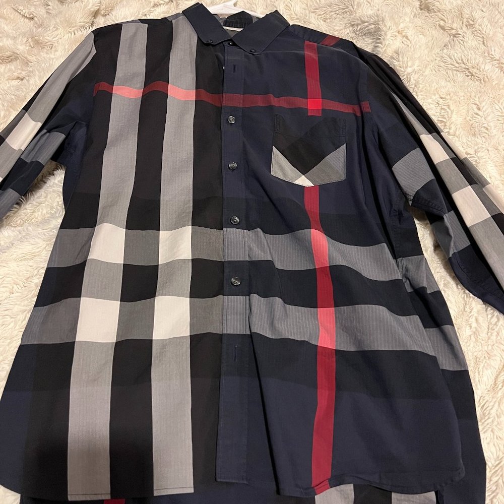 Check Stretch Cotton Poplin Shirt Color: Navy XL